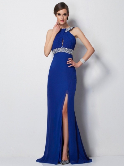 Sheath/Column High Neck Sleeveless Beading Long Chiffon Dresses