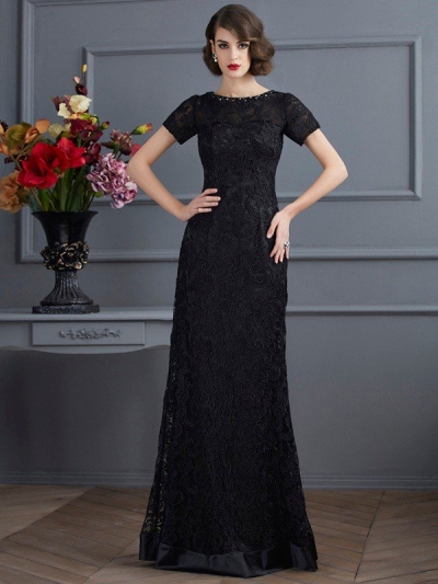 Sheath/Column High Neck Short Sleeves Lace Long Elastic Woven Satin Dresses [40685]