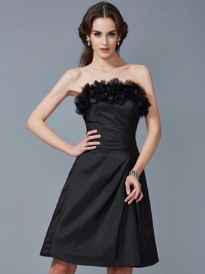 Sheath/Column Strapless Sleeveless Hand-Made Flower Short Taffeta Bridesmaid Dresses [40784]