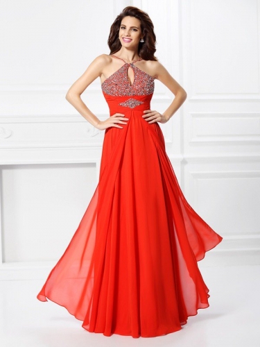 A-Line/Princess Beading Sleeveless Long Chiffon Dresses