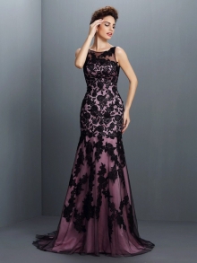 Trumpet/Mermaid Bateau Applique Sleeveless Long Elastic Woven Satin Dresses