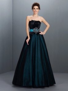 Ball Gown Strapless Feathers/Fur Sleeveless Long Elastic Woven Satin Quinceanera Dresses