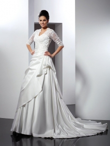 A-Line/Princess V-neck Applique 1/2 Sleeves Long Satin Wedding Dresses