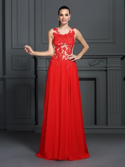 A-Line/Princess Bateau Applique Sleeveless Long Chiffon Dresses [50292]