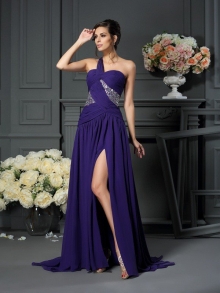 A-Line/Princess One-Shoulder Beading Sleeveless Long Chiffon Dresses