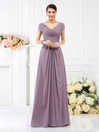 A-Line/Princess V-neck Pleats Short Sleeves Long Chiffon Bridesmaid Dresses [50389]