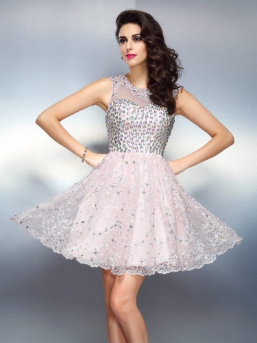 A-Line/Princess Bateau Beading Sleeveless Short Satin Cocktail Dresses