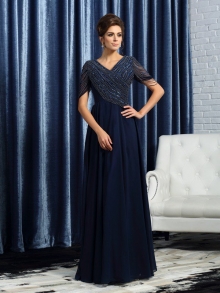 A-Line/Princess V-neck Short Sleeves Long Chiffon Mother of the Bride Dresses