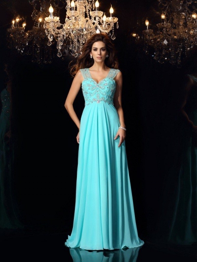 A-Line/Princess Sweetheart Beading Sleeveless Long Chiffon Dresses