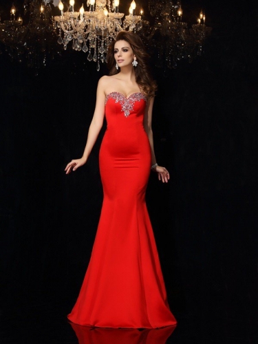 Sheath/Column Sweetheart Beading Sleeveless Long Satin Dresses