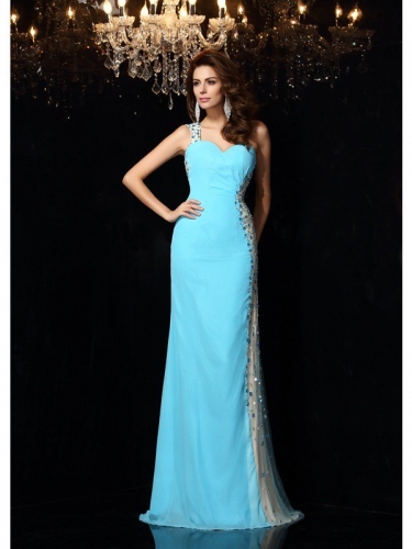 Sheath/Column One-Shoulder Rhinestone Sleeveless Long Chiffon Dresses