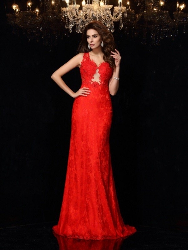 Sheath/Column V-neck Lace Sleeveless Long Satin Dresses