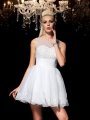 A-Line/Princess Sheer Neck Beading Sleeveless Short Elastic Woven Satin Cocktail Dresses