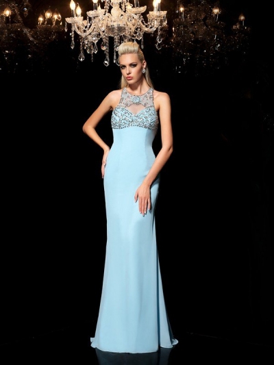 Sheath/Column Sheer Neck Beading Sleeveless Long Chiffon Dresses [60175]