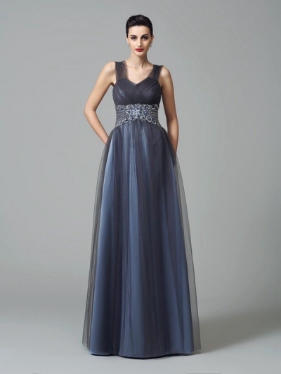 A-Line/Princess Straps Beading Sleeveless Long Net Mother of the Bride Dresses [60498]