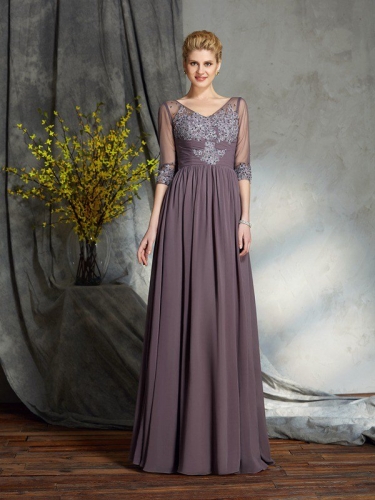 A-Line/Princess V-neck 1/2 Sleeves Long Chiffon Mother of the Bride Dresses