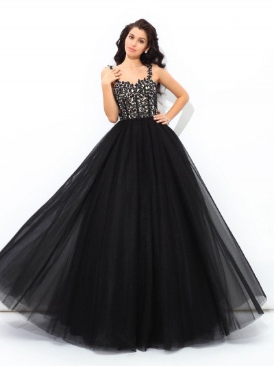 Ball Gown Straps Applique Sleeveless Long Net Quinceanera Dresses [60568]