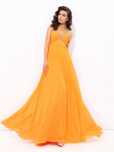 A-line/Princess V-neck Rhinestone Sleeveless Long Chiffon Dresses