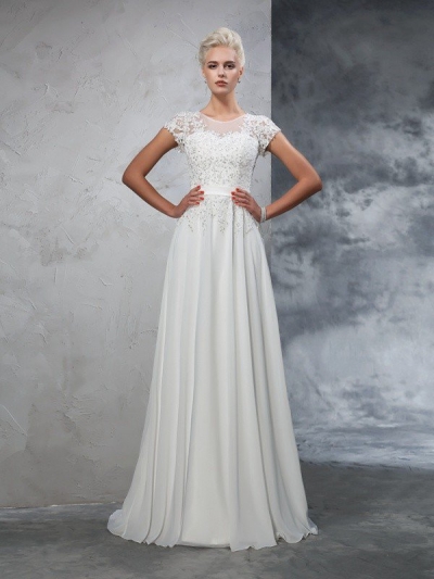 A-Line/Princess Sheer Neck Applique Short Sleeves Long Chiffon Wedding Dresses [60674]