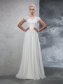 A-Line/Princess Sheer Neck Applique Short Sleeves Long Chiffon Wedding Dresses