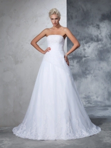 Ball Gown Strapless Applique Sleeveless Long Net Wedding Dresses