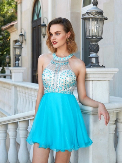 A-Line/Princess Halter Beading Sleeveless Chiffon Short/Mini Dresses [63035]