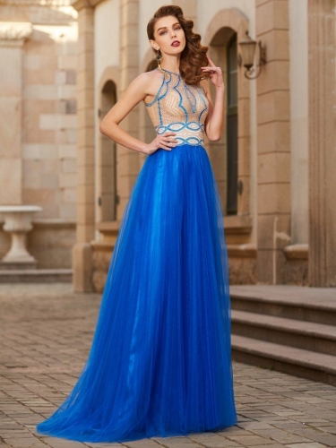 A-Line/Princess Jewel Beading Sleeveless Floor-Length Tulle Dresses