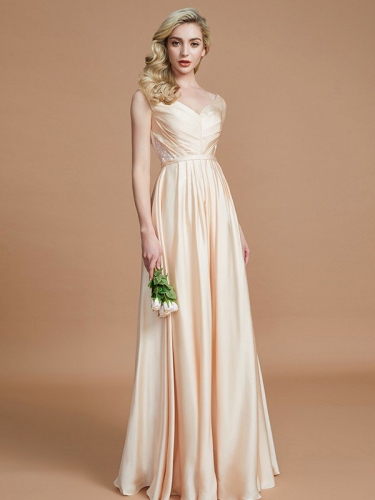 A-Line/Princess V-neck Sleeveless Ruched Floor-Length Chiffon Bridesmaid Dresses