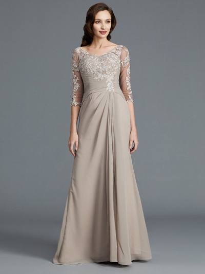 A-Line/Princess 1/2 Sleeves Scoop Applique Chiffon Floor-Length Mother of the Bride Dresses [73004]