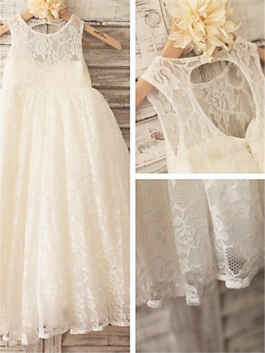 A-line/Princess Scoop Sleeveless Floor-Length Lace Flower Girl Dresses