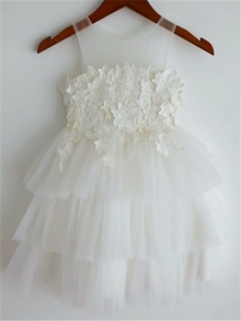 A-line/Princess Straps Sleeveless Lace Tea-Length Tulle Flower Girl Dresses