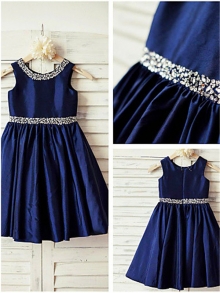 A-line/Princess Scoop Sleeveless Rhinestone Tea-Length Taffeta Flower Girl Dresses