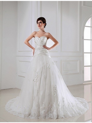 A-Line/Princess Beading Applique Sweetheart Sleeveless Satin Tulle Wedding Dresses