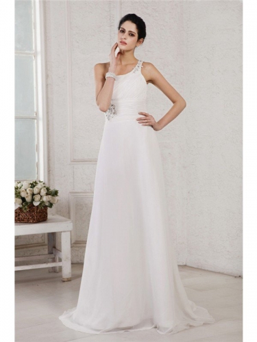 A-Line/Princess One-Shoulder Sleeveless Beading Applique Long Chiffon Wedding Dresses