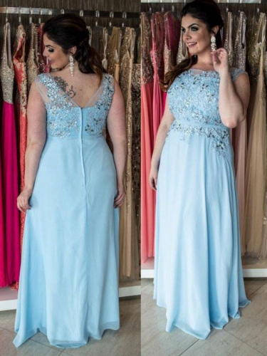 A-Line/Princess Bateau Sleeveless Beading Floor-Length Chiffon Plus Size Dresses