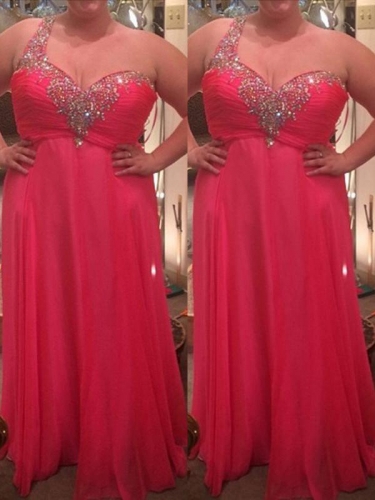 A-Line/Princess One-Shoulder Sleeveless Beading Floor-Length Chiffon Plus Size Dresses