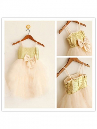 A-Line/Princess Spaghetti Straps Sleeveless Sequin Long Tulle Flower Girl Dresses