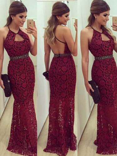 Sheath/Column Sleeveless Beading Floor-Length Halter Lace Dresses