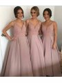 A-Line/Princess V-neck Sleeveless Floor-Length Beading Taffeta Bridesmaid Dresses