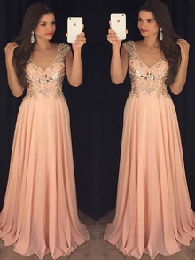 A-Line/Princess Sleeveless V-neck Chiffon Paillette Floor-Length Dresses