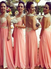 A-Line/Princess Straps Sleeveless Chiffon Applique Floor-Length Bridesmaid Dresses