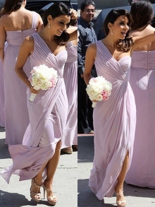 A-Line/Princess One-Shoulder Chiffon Ruched Sleeveless Floor-Length Bridesmaid Dresses