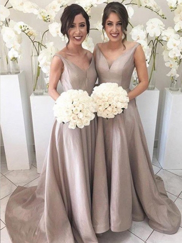 A-Line/Princess V-neck Sleeveless Sweep/Brush Train Taffeta Bridesmaid Dresses