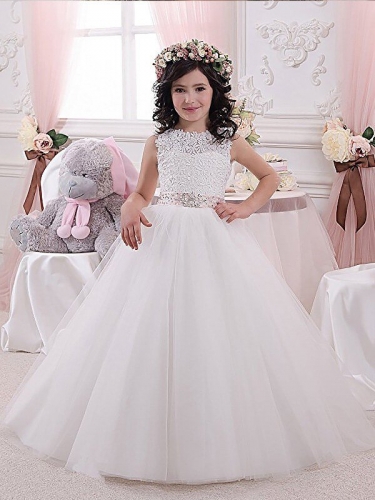 Ball Gown Scoop Sleeveless Sash/Ribbon/Belt Tulle Floor-Length Flower Girl Dresses