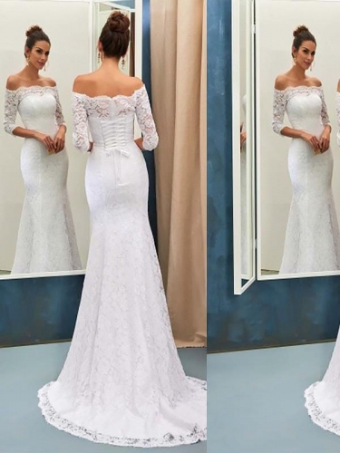 Trumpet/Mermaid Off-the-Shoulder Sweep/Brush Train Lace Long Sleeves Wedding Dresses