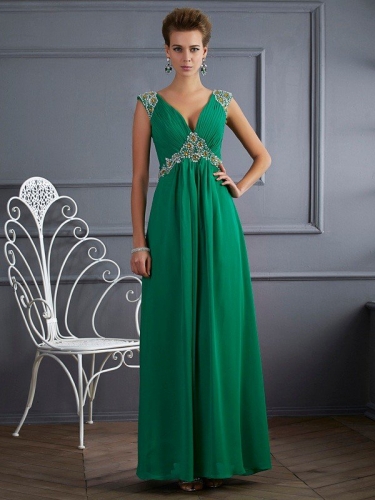 A-Line/Princess V-neck Short Sleeves Beading Long Chiffon Dresses