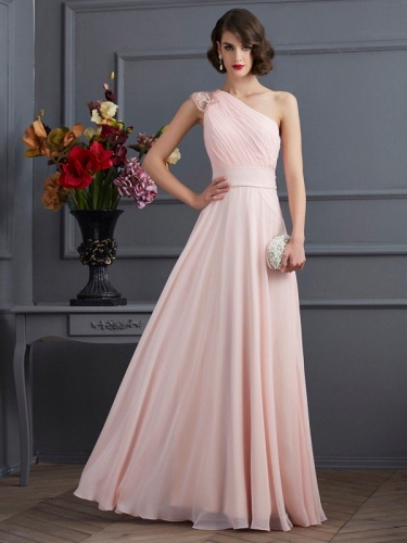 A-Line/Princess One-Shoulder Sleeveless Long Beading Chiffon Dresses