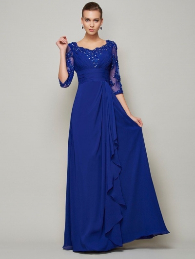 A-Line/Princess Scoop 3/4 Sleeves Lace Long Chiffon Mother of the Bride Dresses [40133]