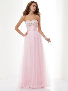 A-Line/Princess Sweetheart Sleeveless Beading Long Elastic Woven Satin Dresses