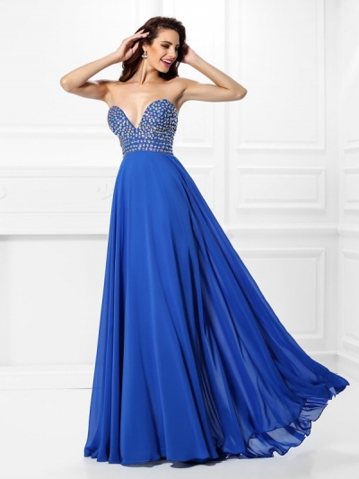 A-Line/Princess V-neck Beading Sleeveless Long Chiffon Dresses